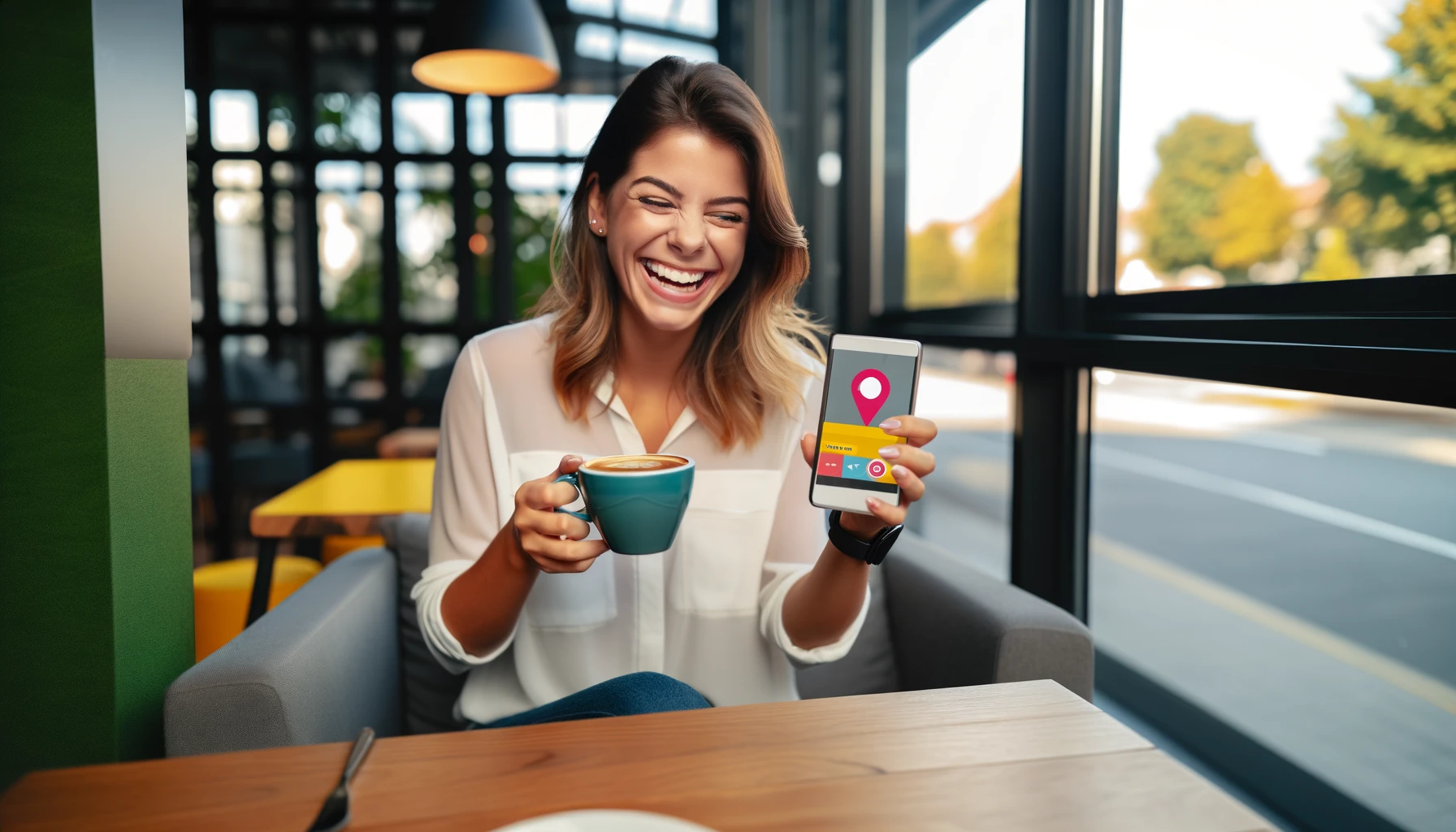 happy young woman using a mobile phone with a location tracking app while enjoying a cup of coffee in a café