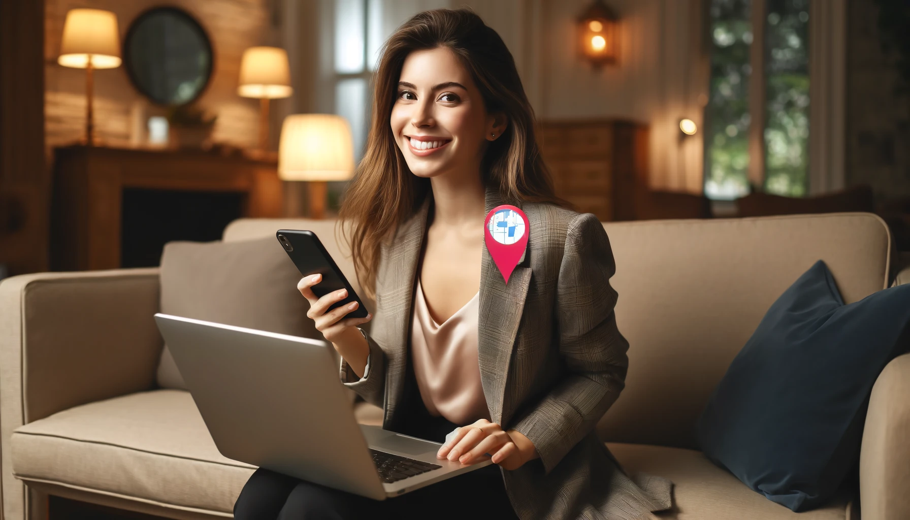 young smiling businesswoman using a location tracking app on her cellphone at home