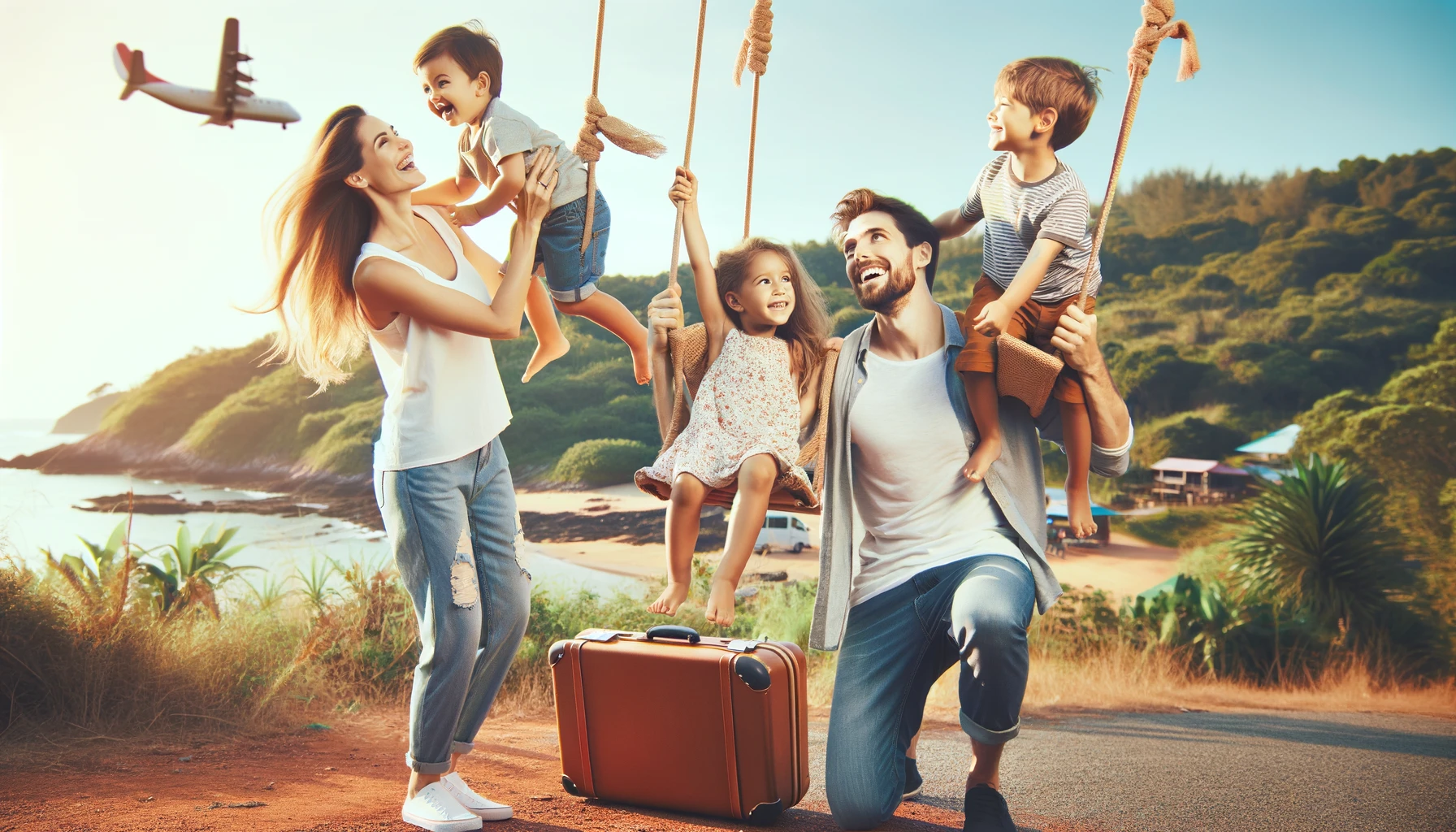 una giovane famiglia che si diverte mentre viaggia insieme