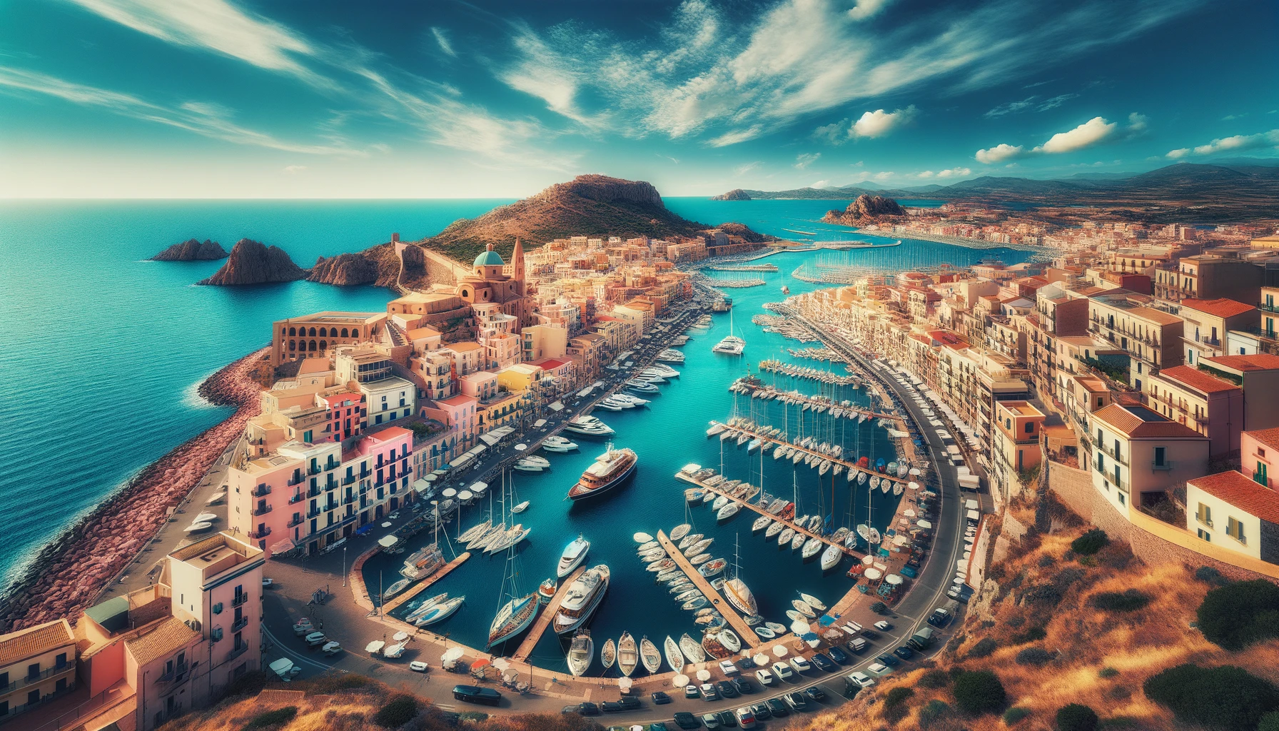 una veduta aerea di Marina Castelsardo e della città circostante in Sardegna