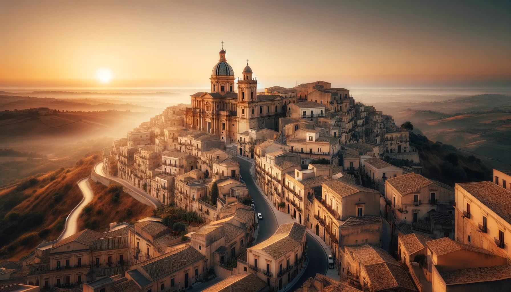 alba sopra la vecchia città barocca di Ragusa Ibla in Sicilia