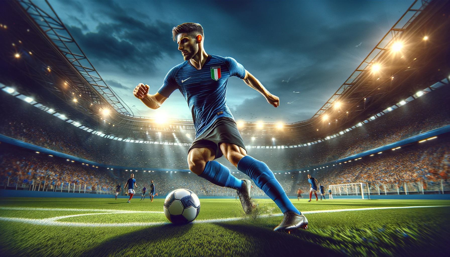 una competizione italiana di calcio per adulti, catturando un giocatore che dribblava e calciava la palla durante una partita nello stadio