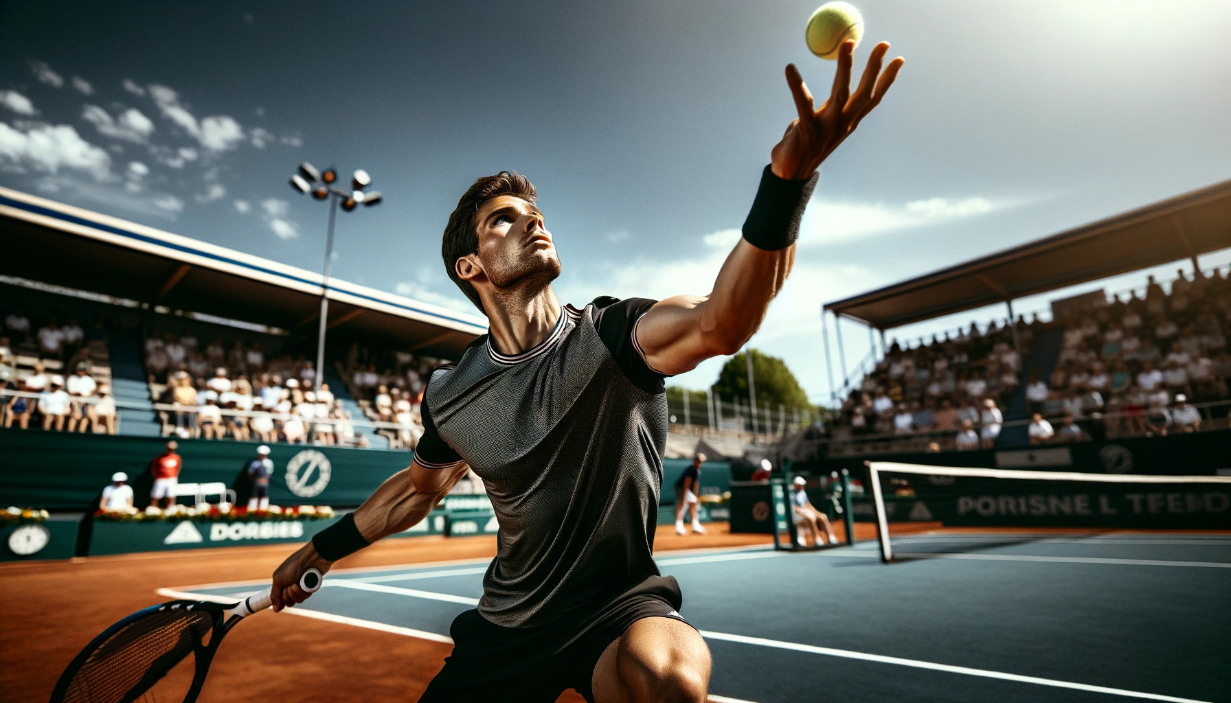 un giocatore di tennis che serve una palla da tennis durante una partita su un campo aperto