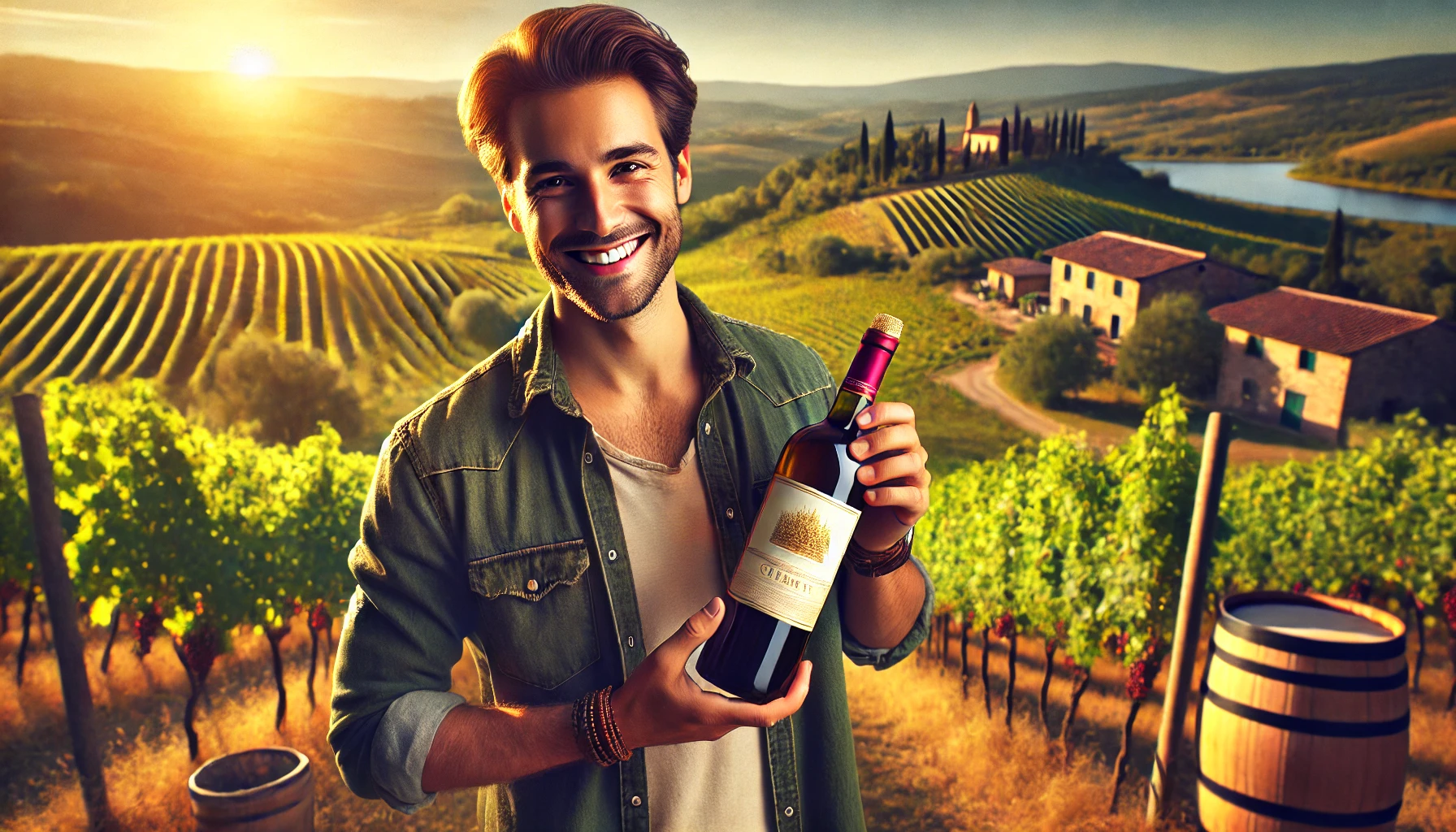Il turista felice tiene in mano una bottiglia di vino italiano popolare come il Chianti.
