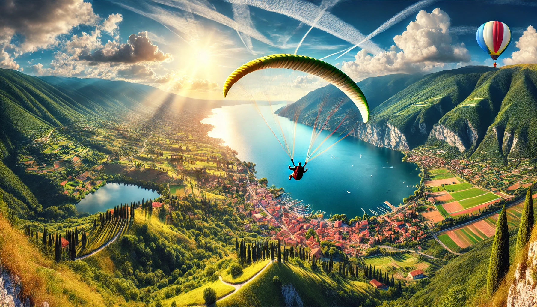 un parapendio che vola sopra il Lago di Garda in Italia, con una vista vivida sul lago, le verdi colline circostanti e gli affascinanti villaggi sotto un cielo soleggiato.