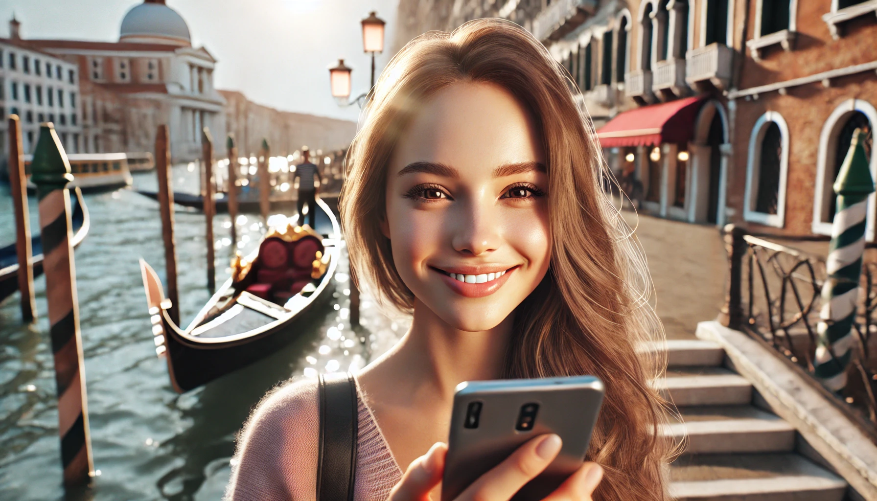 A cheerful young lady holds her phone while walking through Venice, with gondolas and historic buildings in the sunny background.