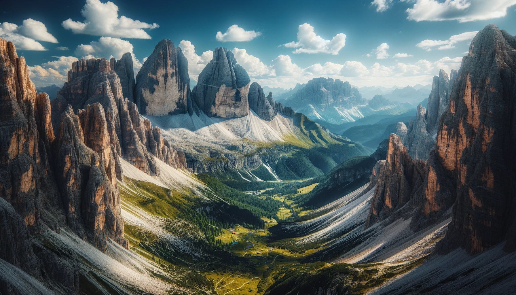 A breathtaking view of the Dolomites with towering limestone cliffs and lush green valleys under a clear blue sky.