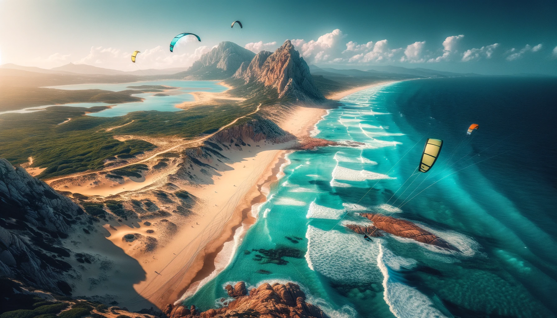 A stunning coastal view of the Sardinian coast with turquoise waters, golden sandy beaches, and rugged cliffs. 