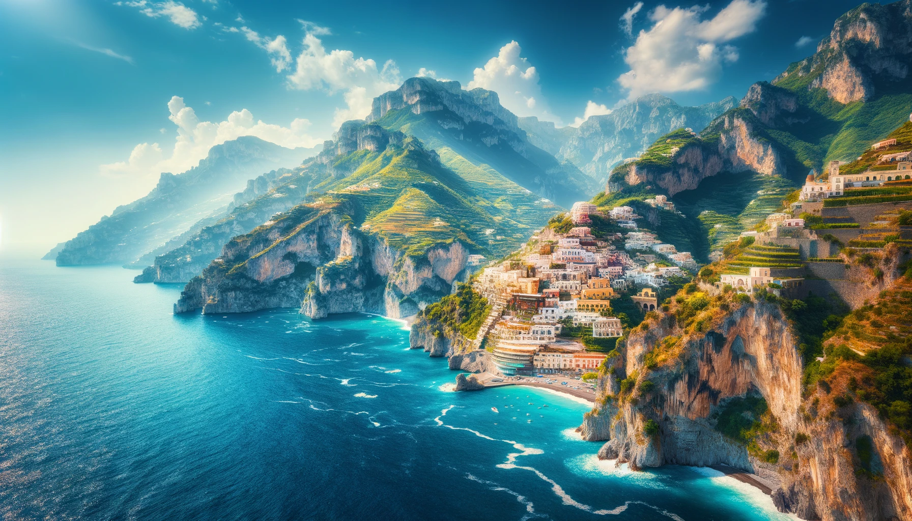 A breathtaking view of the Amalfi Coast with rugged cliffs, azure waters, and terraced villages under a clear blue sky.