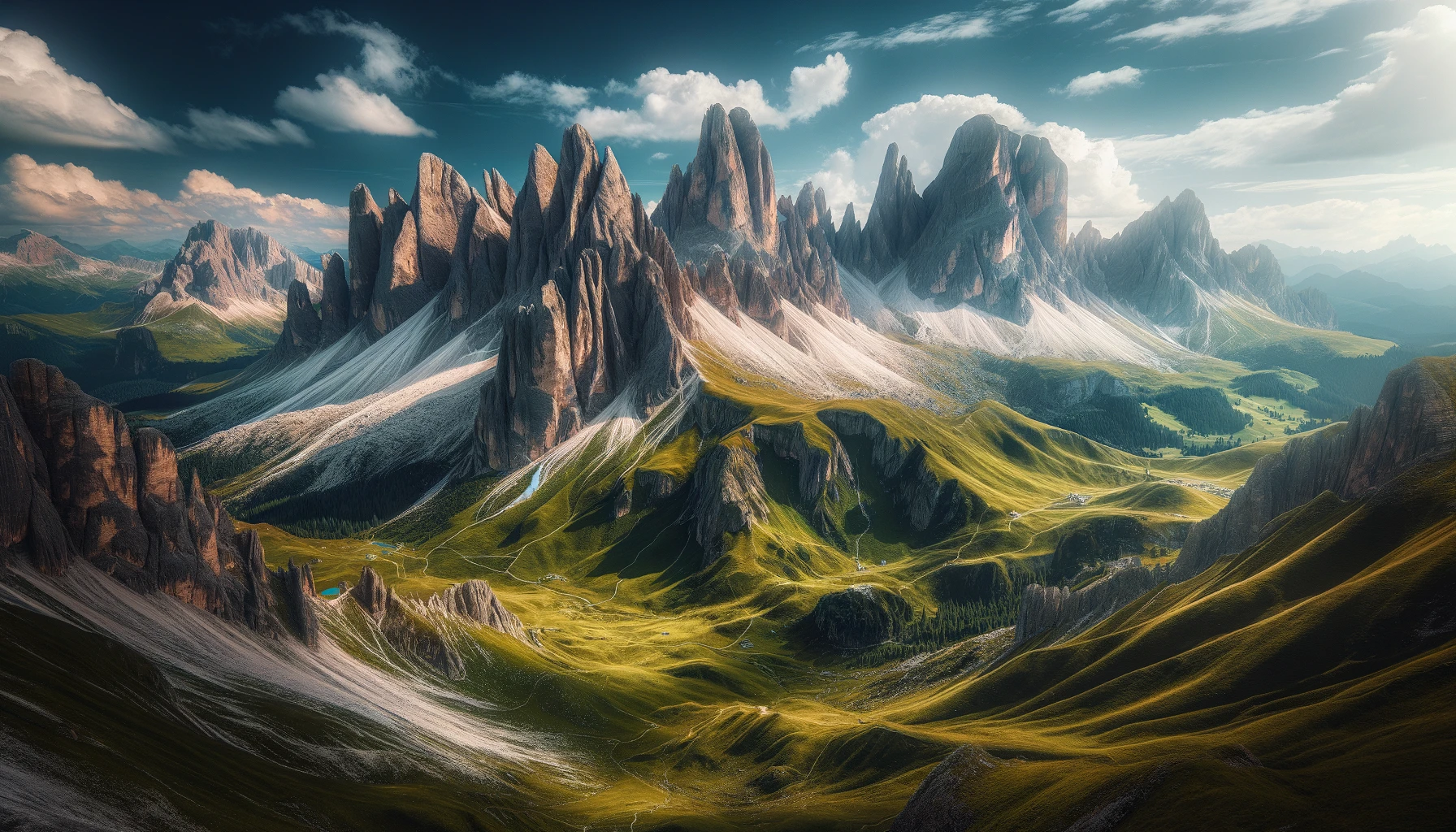 A stunning view of the Dolomites with towering limestone peaks, green meadows, and a clear blue sky.