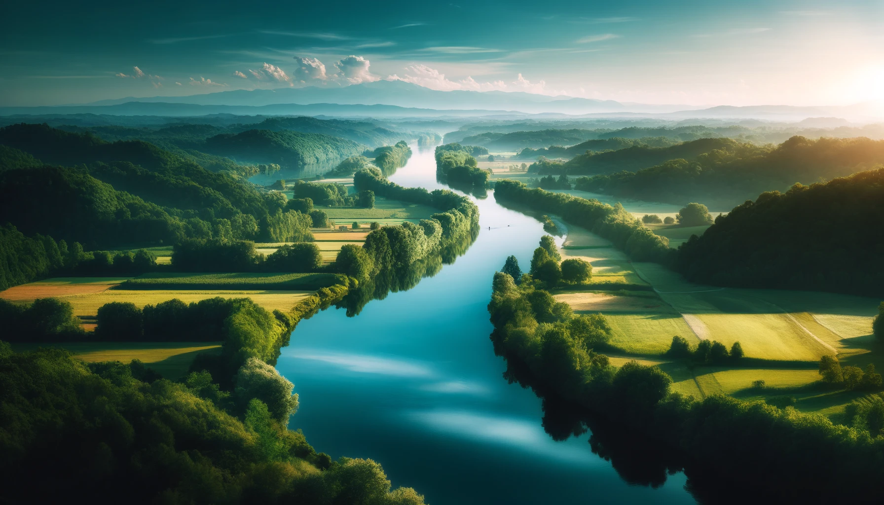 A serene view of the Po River winding through lush countryside with green fields and forests under a clear blue sky.