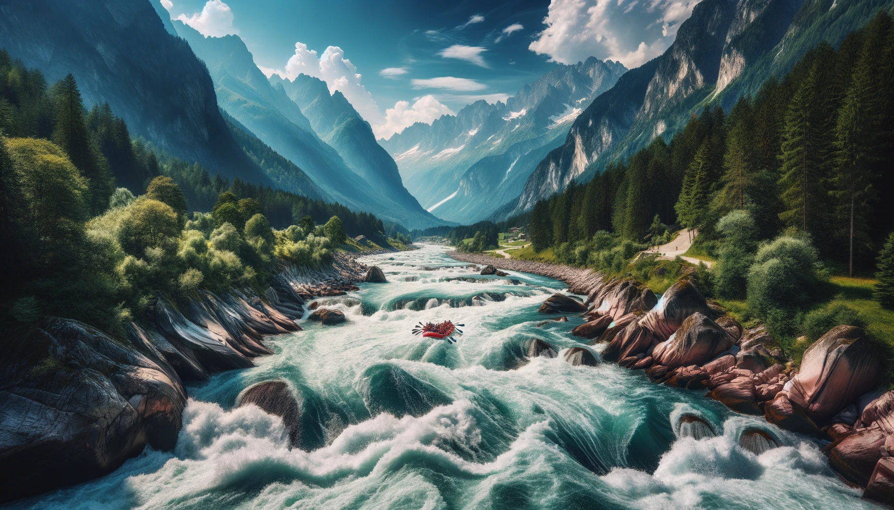 A thrilling view of the Noce River with rushing rapids surrounded by alpine scenery, including rugged mountains and lush green forests under a clear blue sky.
