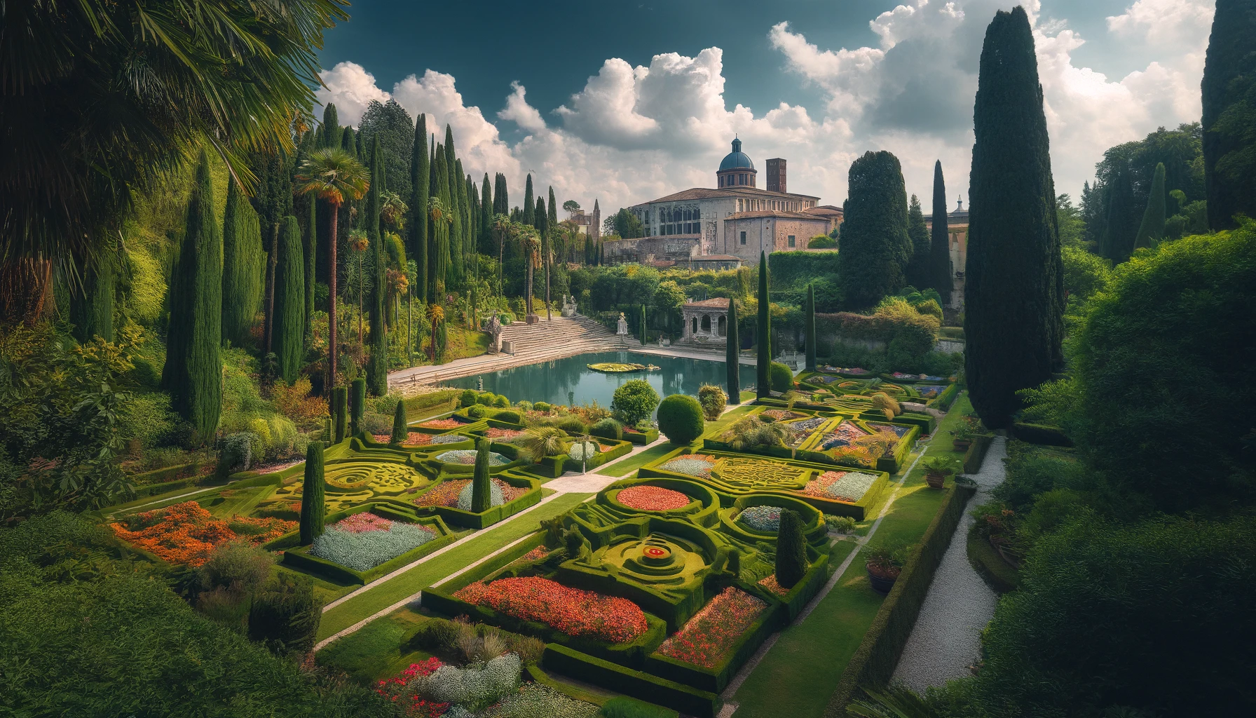 A serene view of the Botanical Garden of Padua with lush green plants, colorful flowers, and historical structures under a clear blue sky.
