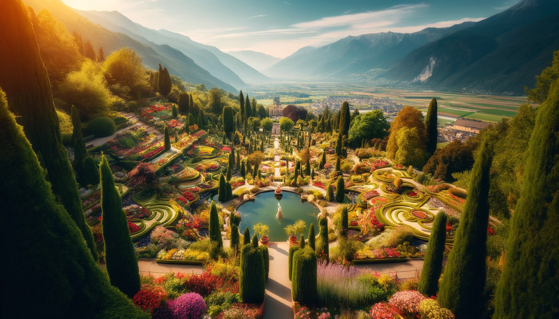 a stunning view of the Gardens of Trauttmansdorff Castle in Merano, featuring terraced flower beds, a variety of colorful plants, and scenic landscapes with mountains in the background under a clear blue sky.