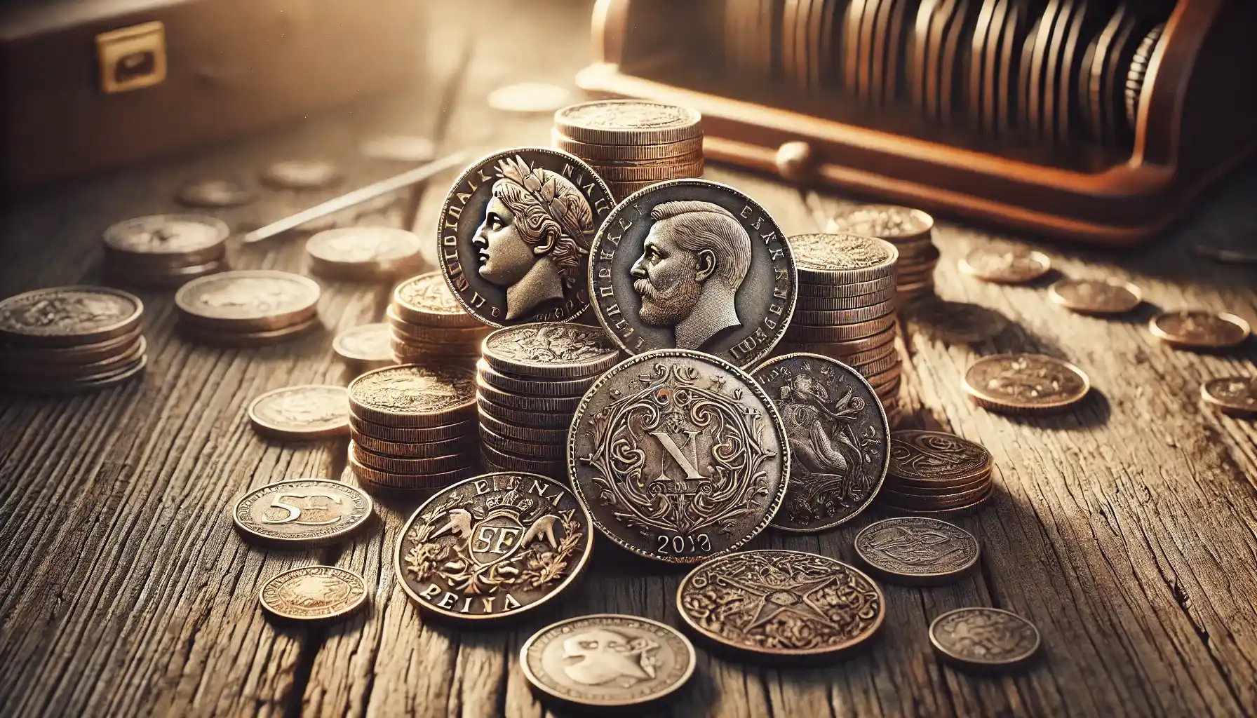 Italian coins arranged artistically on a rustic wooden table.