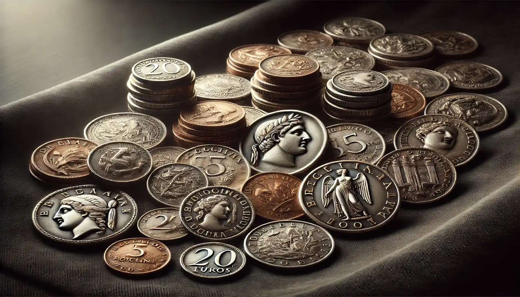 a collection of Italian coins displayed elegantly on a dark velvet surface. The coins range from ancient Roman denarii to modern euros.