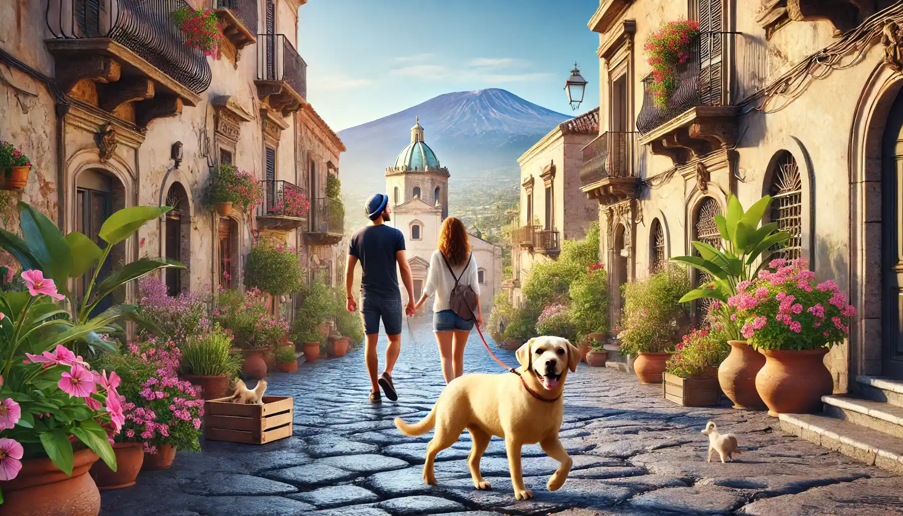 una coppia con il loro cane che esplora le strade storiche di Taormina, in Sicilia, con l'Etna sullo sfondo.