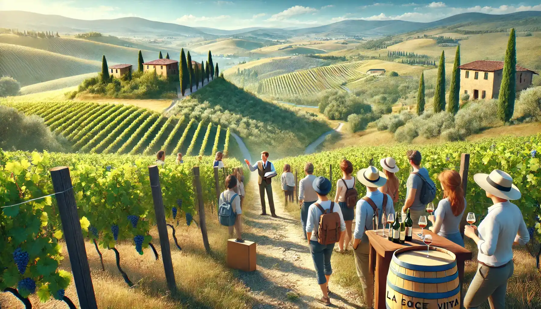 i turisti esplorano un pittoresco vigneto, con dolci colline e una villa rustica sullo sfondo, sottolineando il fascino della Toscana.