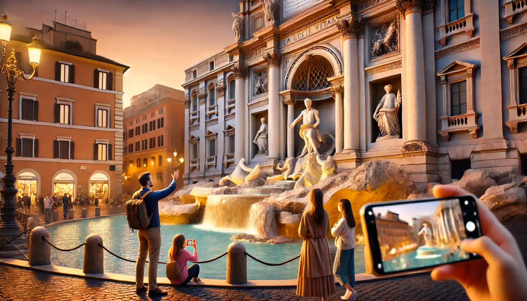 un tour privato vicino alla Fontana di Trevi al tramonto, evidenziando il fascino storico e atmosferico della Città Eterna.