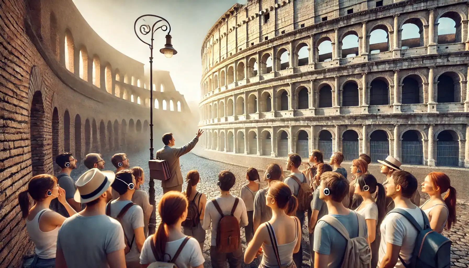 un tour guidato in corso presso l'iconico Colosseo, con un gruppo eterogeneo di turisti che ascoltano una guida esperta. L'antica architettura del Colosseo è ben visibile sullo sfondo.