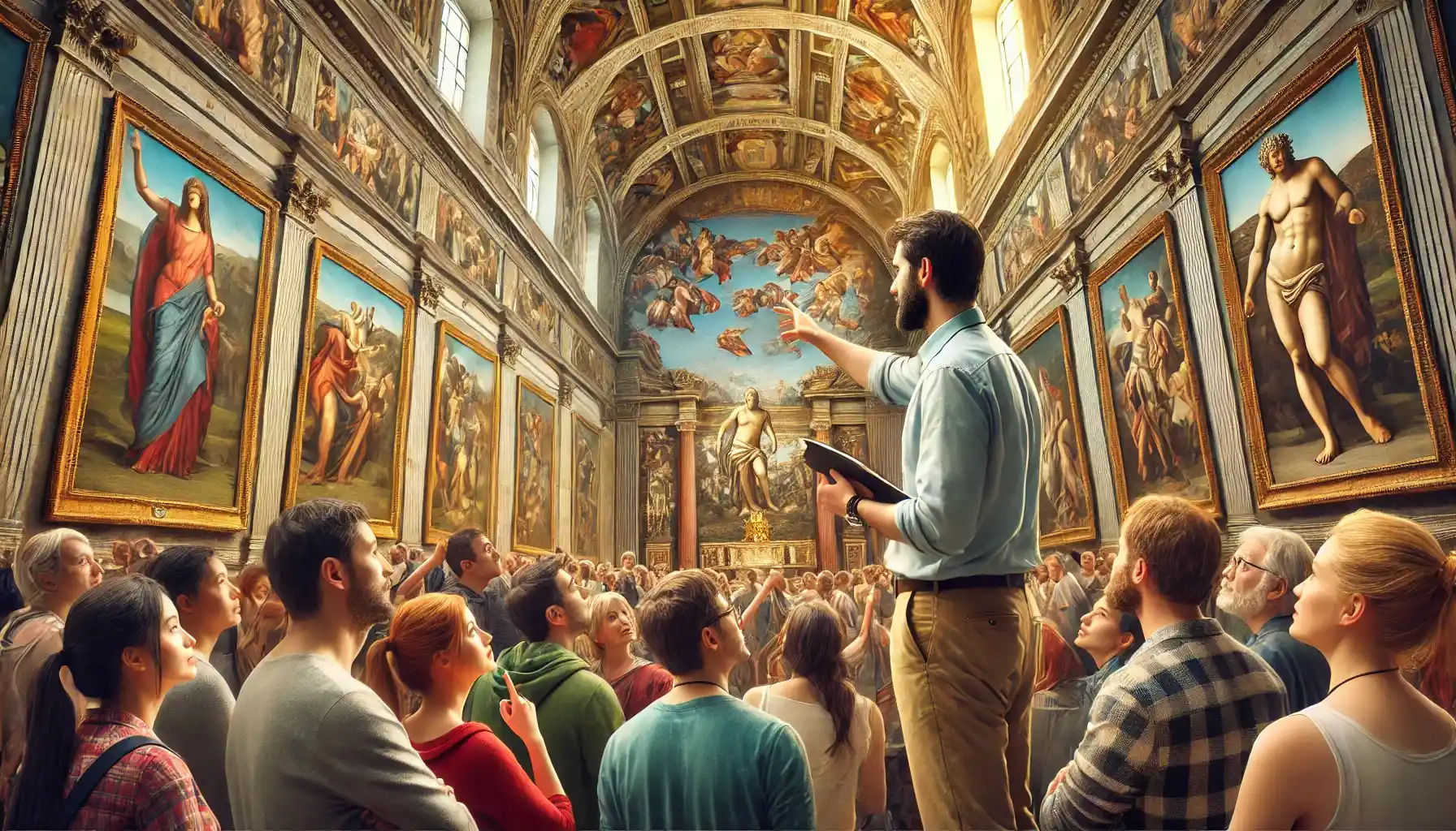 un tour di gruppo all'interno dei Musei Vaticani, in particolare nella Cappella Sistina. Viene mostrata una guida esperta che spiega gli affreschi di Michelangelo a un pubblico affascinato.