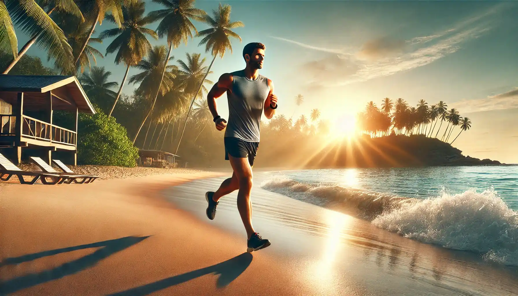 A fit traveler is jogging along a tropical beach at sunrise.