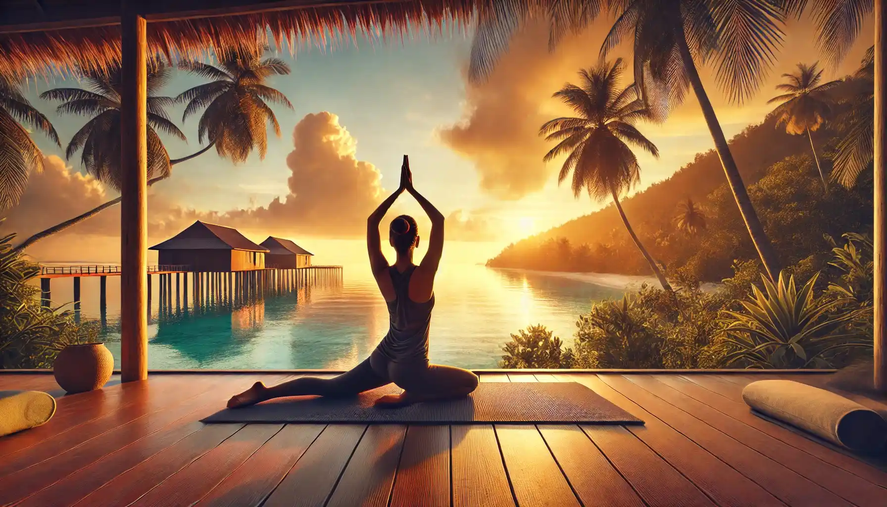 A traveler is performing a yoga session on a wooden deck overlooking the ocean at sunset.