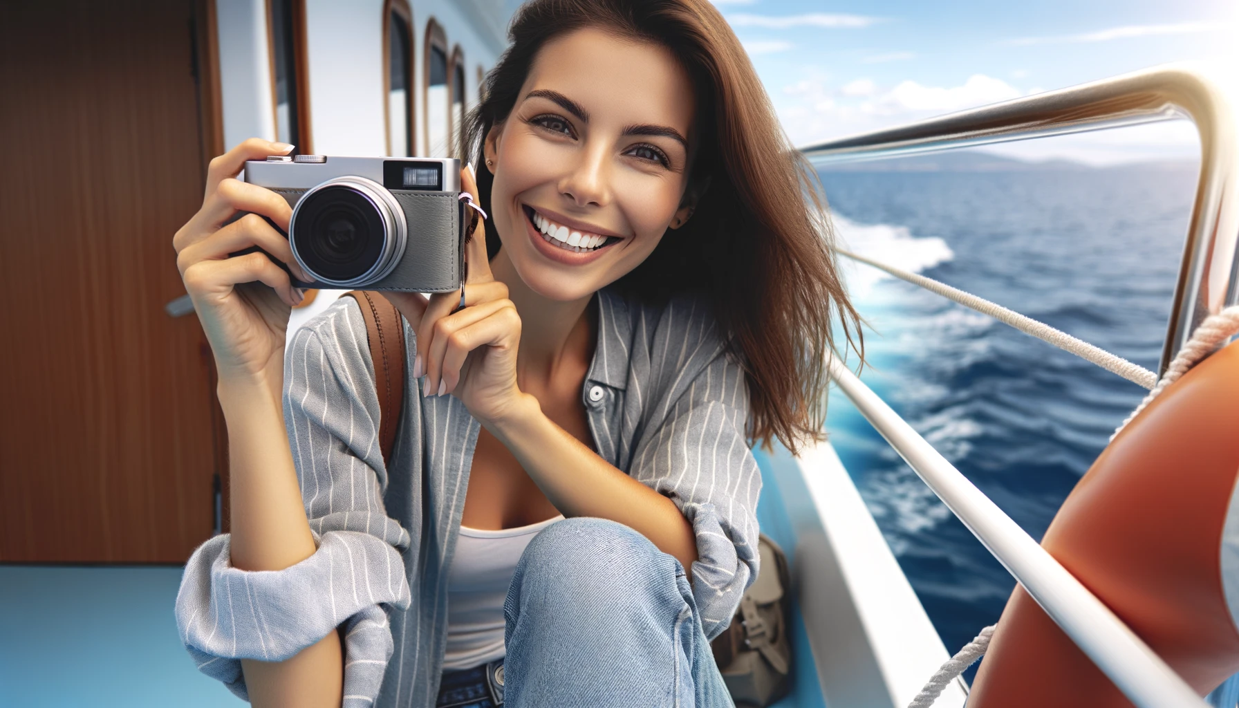 A cheerful woman traveling on a boat, capturing the moment with a point-and-shoot camera.