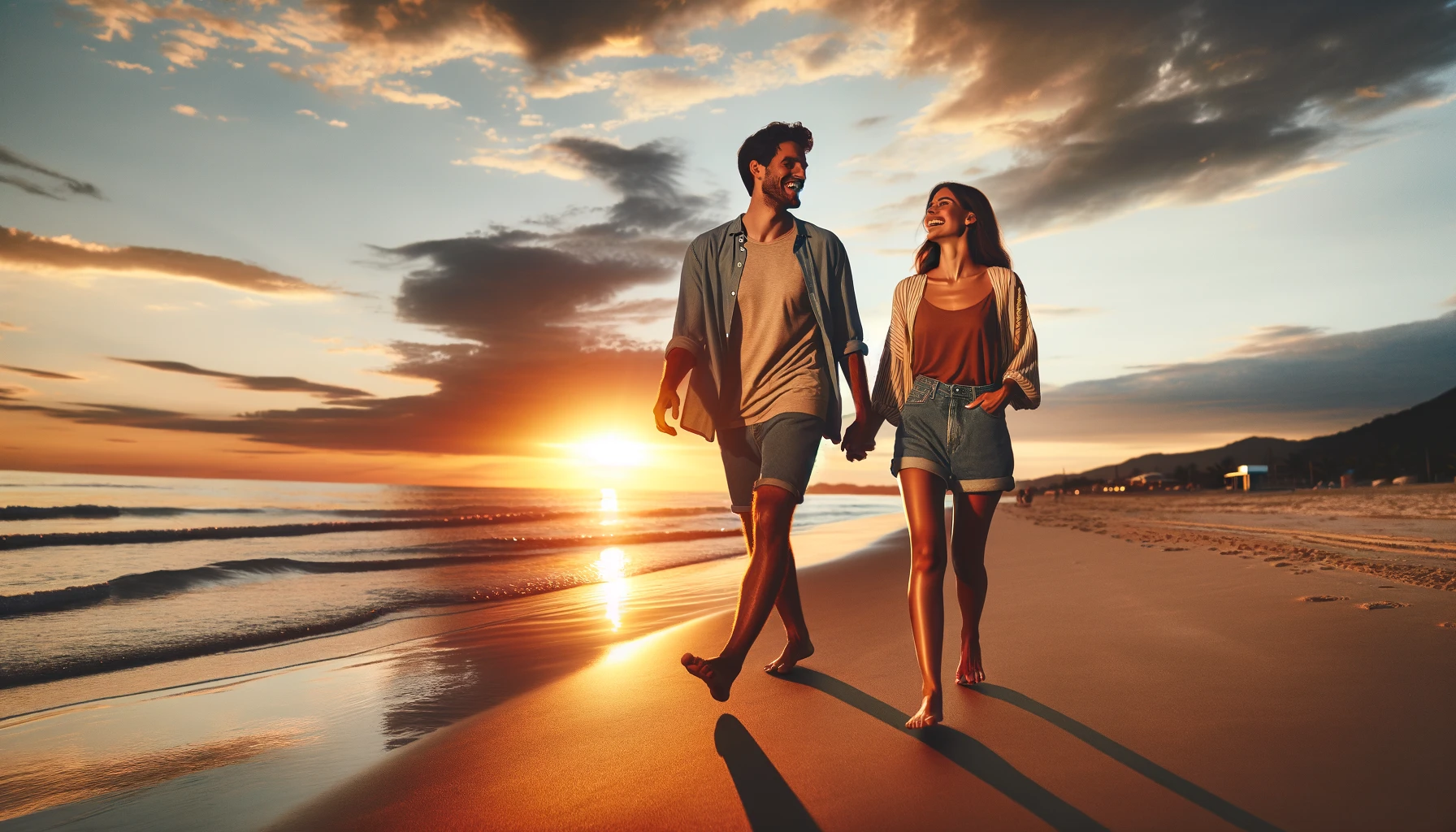 :a happy couple walking hand in hand along a beach at sunset.