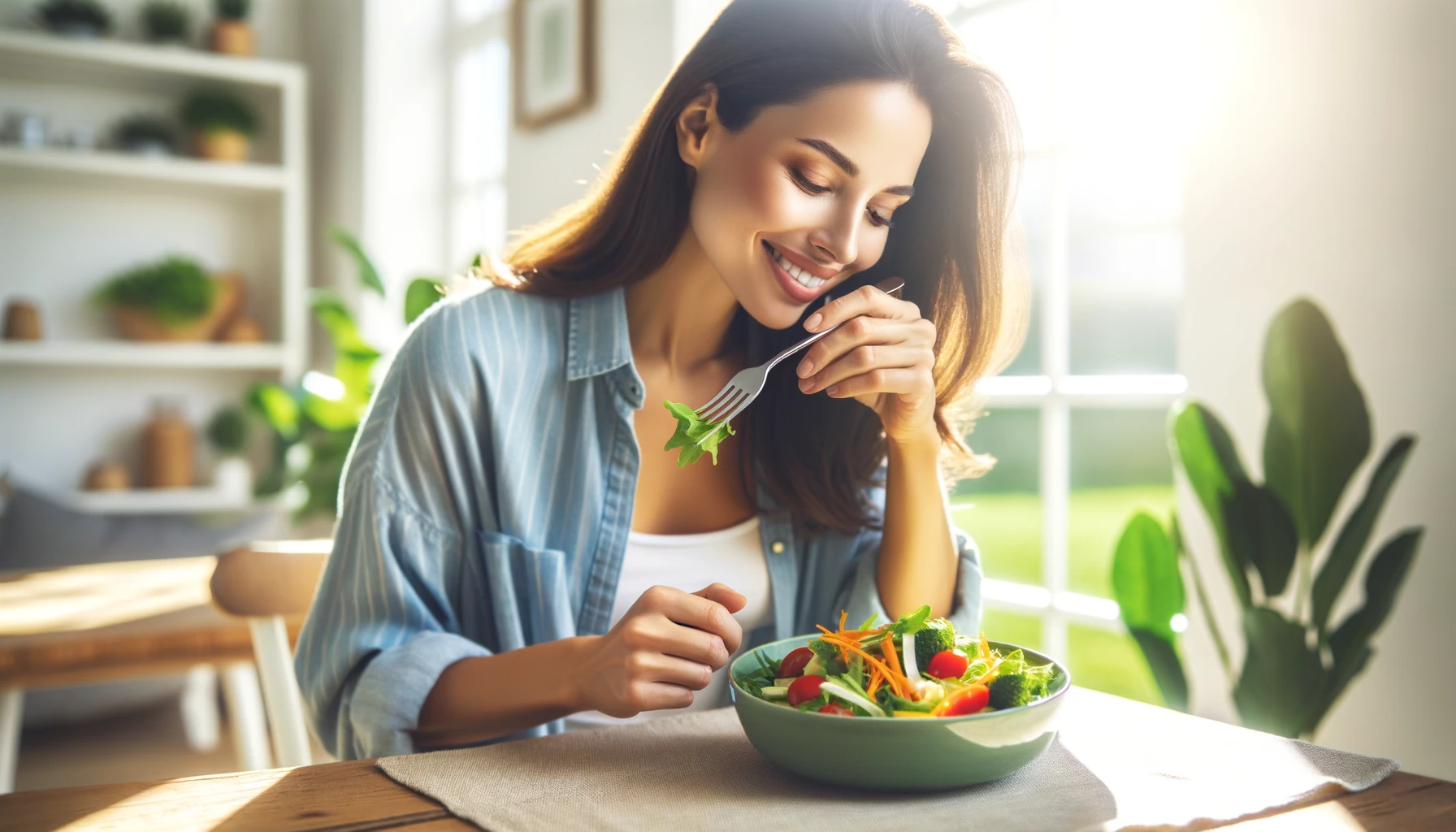woman in a moment of enjoyment as she savors a colorful salad, full of fresh vegetables and greens.