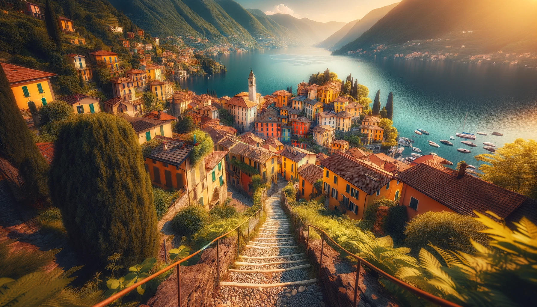 view from a hillside path looking down on the colorful, picturesque village of Varenna, Italy, nestled on the shores of Lake Como during summer.