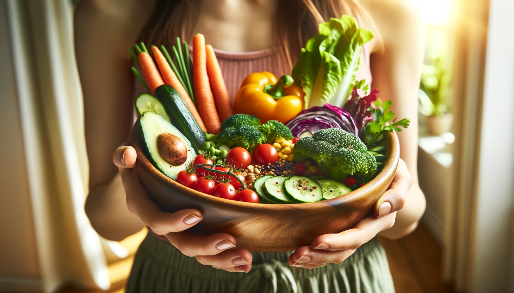 :The woman is holding the Buddha bowl filled with an assortment of fresh vegetables, showcasing a variety of colors and textures.