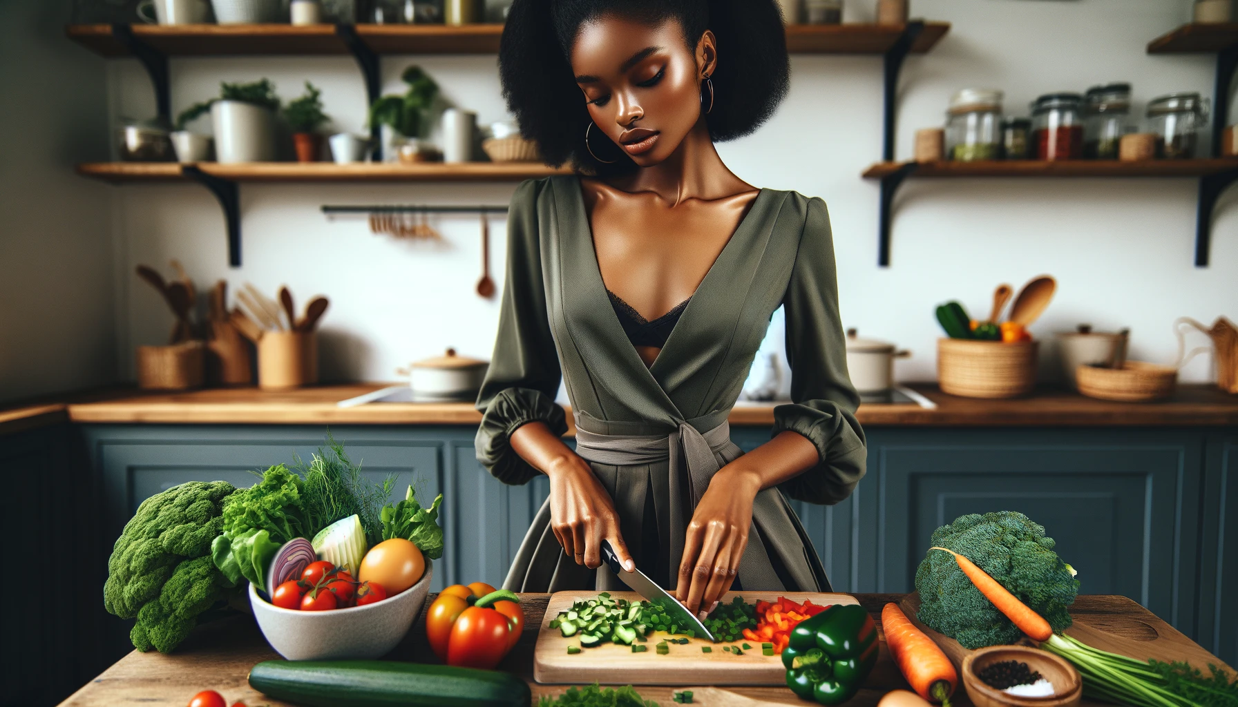 An elegant black girl preparing a vegan salad in the kitchen.