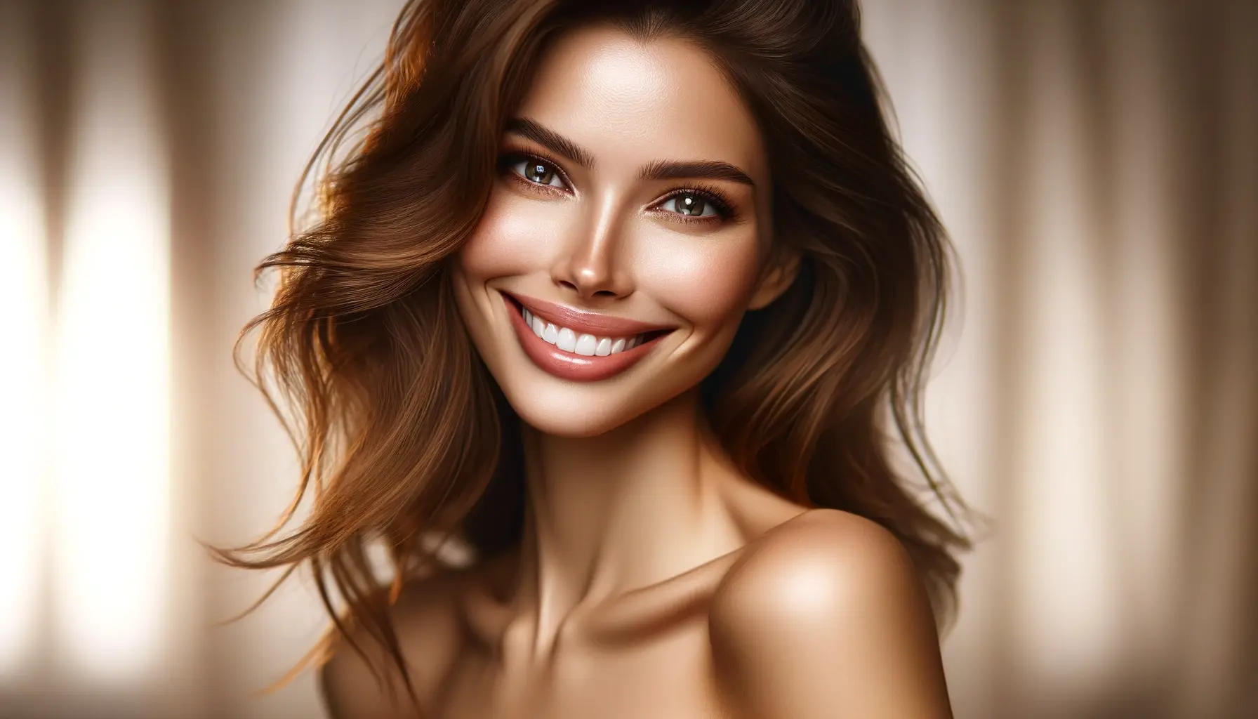 A beautiful smiling woman after rhinoplasty in Turkey with radiant skin, sparkling eyes, and a wide, genuine smile that lights up her face.