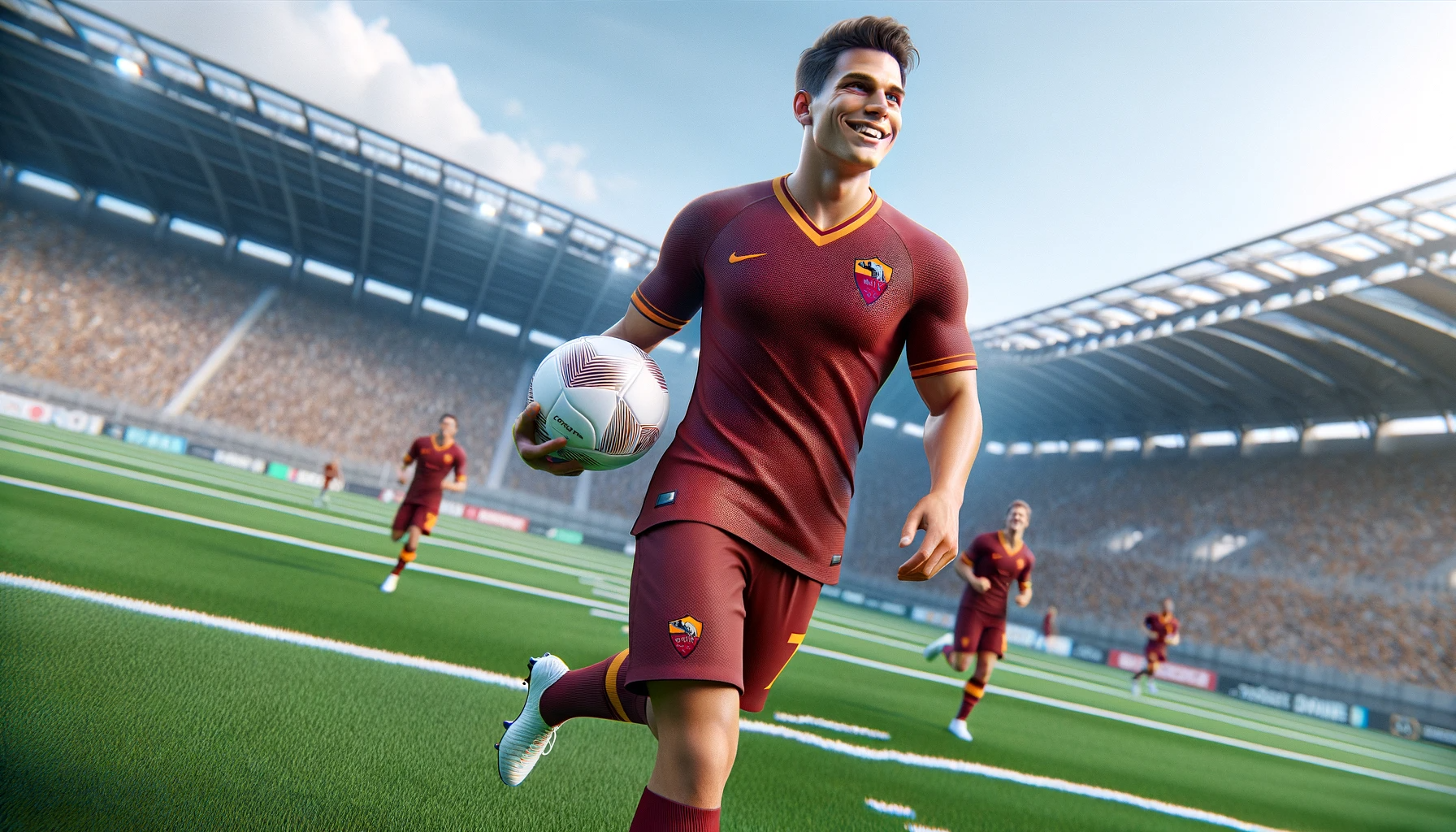 Un giovane calciatore maschio in uniforme della Roma sul campo, con in mano un pallone da calcio e sorridente. Il giocatore è in una posa dinamica, forse festeggia un gol o interagisce con i compagni di squadra.