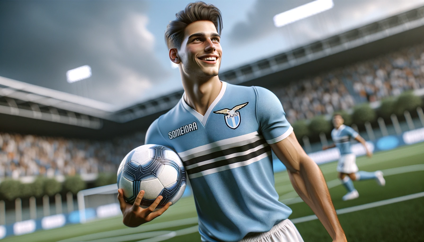 Un giovane calciatore in divisa laziale, con in mano una palla su un campo di calcio e sorridente.