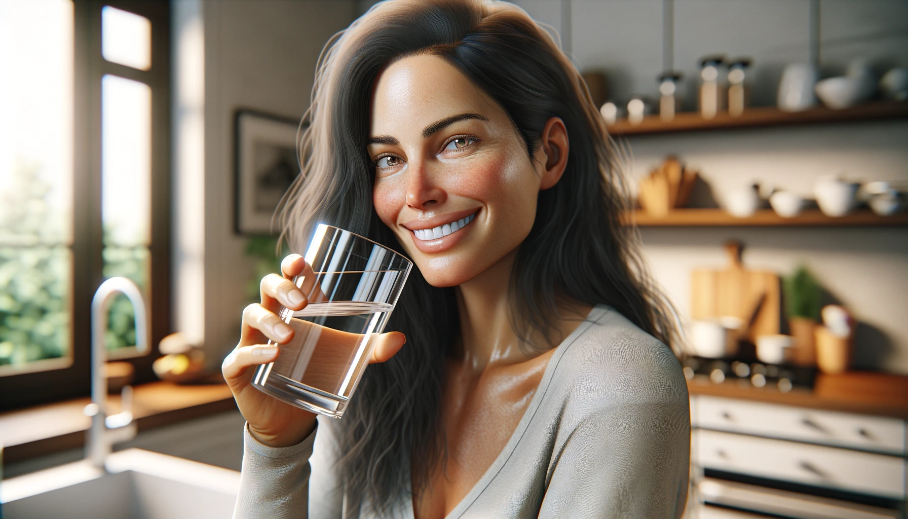 Una donna italiana di mezza età con lunghi capelli scuri, che beve acqua in cucina e sorride.