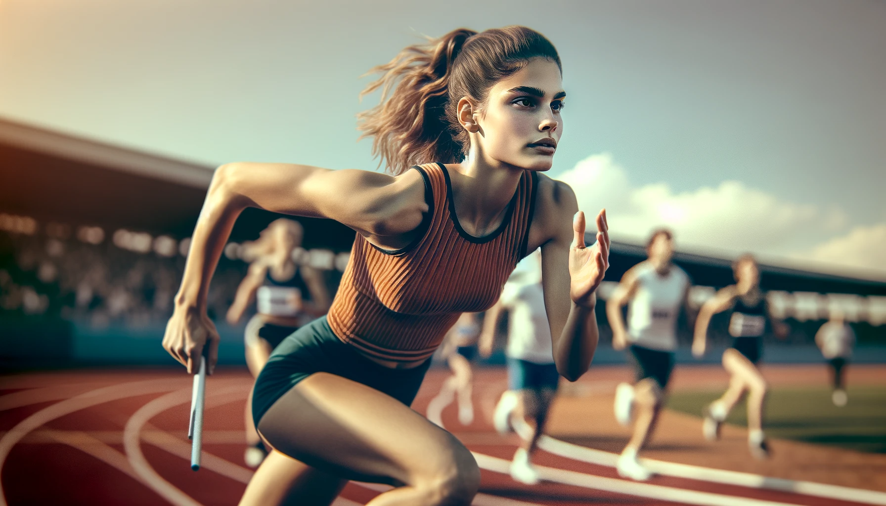 Una giovane donna italiana che partecipa ad una gara di atletica leggera. Compete attivamente, mostrando il suo atletismo e la sua determinazione.