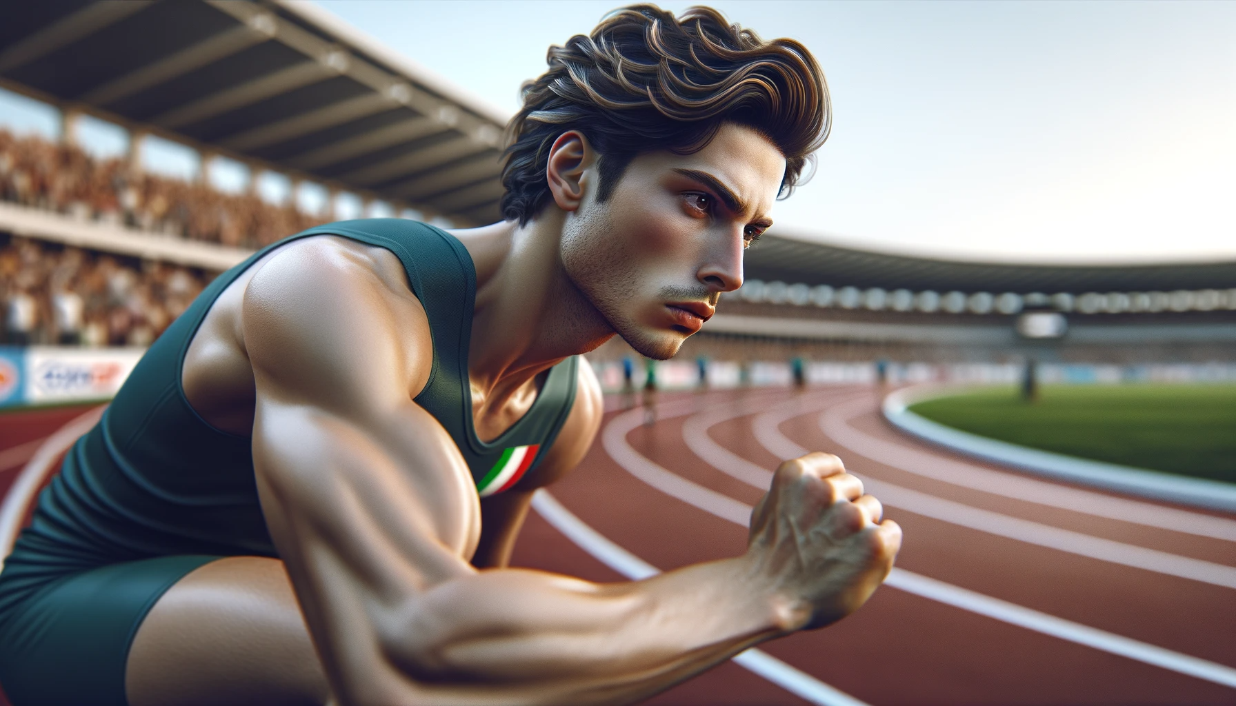 Un giovane italiano concentrato sulla sua prestazione in una gara di atletica leggera. È nel bel mezzo di un evento sportivo, mettendo in mostra la sua determinazione e abilità atletica. Lo sfondo mostra una pista di atletica sfocata, sottolineando l'uomo come figura centrale.